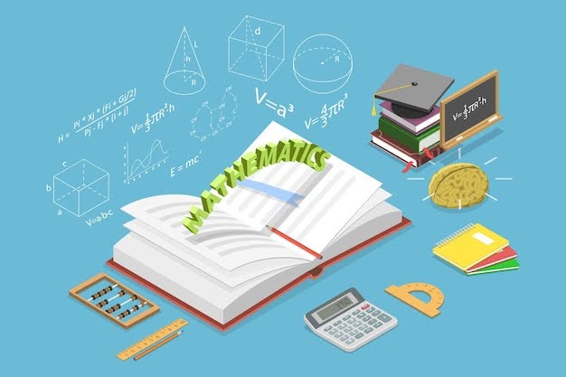 Open math textbook surrounded by calculators, rulers, and formulas, symbolizing problem‑solving and experiment‑based learning in the NIIT Math Lab.